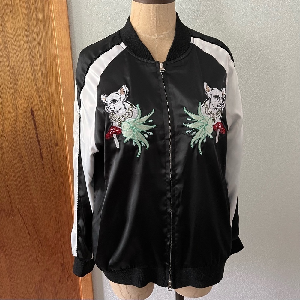 FRENCH BULLDOG sz S SUKAJAN Jacket Souvenir Black White Long Sleeve Zipper